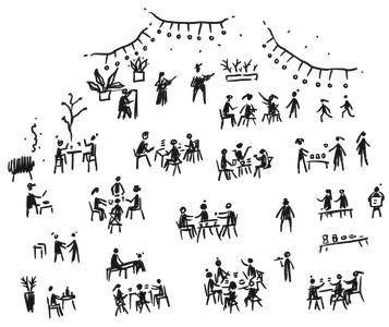 Gente en mesas bajo una guirnalda de luces, con música